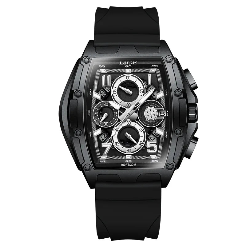LIGE 2026 men's quartz watch with a black square dial, gold accents, and a sleek black strap, designed for stylish masculinity.
