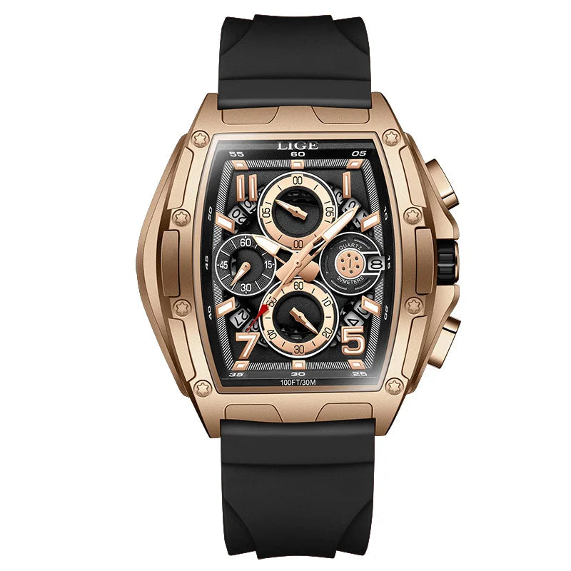 LIGE 2026 men's quartz watch with a gold and black square dial, stainless steel case, and classic design.