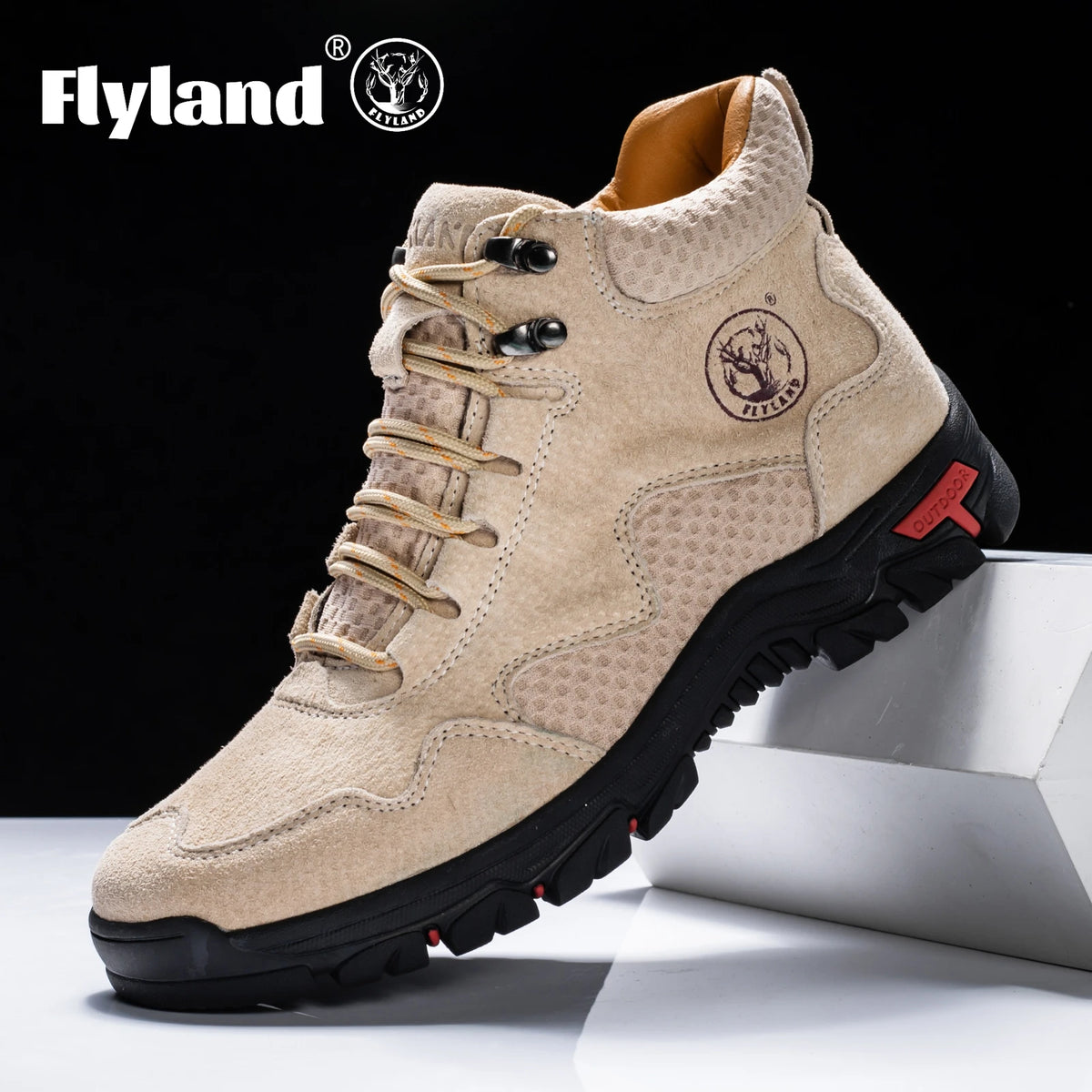 Brown leather ankle boots for men from FLYLAND by Corporación Turística, featuring a sleek design and sturdy soles.