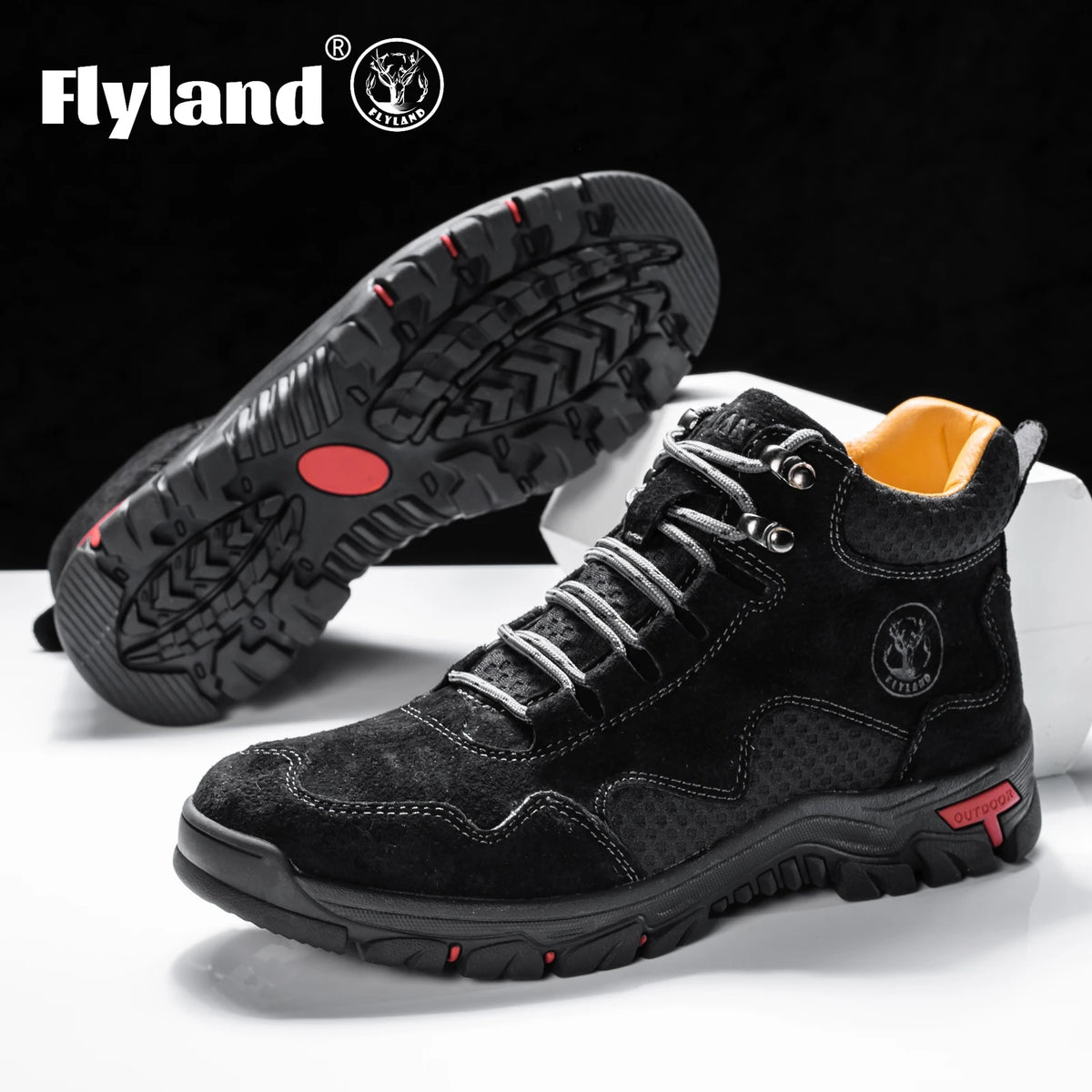 Flyland men's ankle boots in black leather with a sleek design, featuring laces and sturdy soles for casual wear.