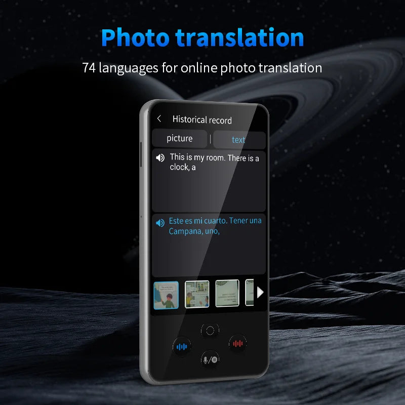 Gray language translator device by Corporación Turística displaying on a screen, compatible with 138 languages for seamless communication.