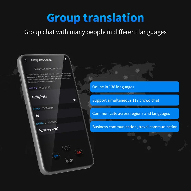 Gray language translator device by Corporación Turística, compatible with 138 languages, shown with Chinese mainland language interface.