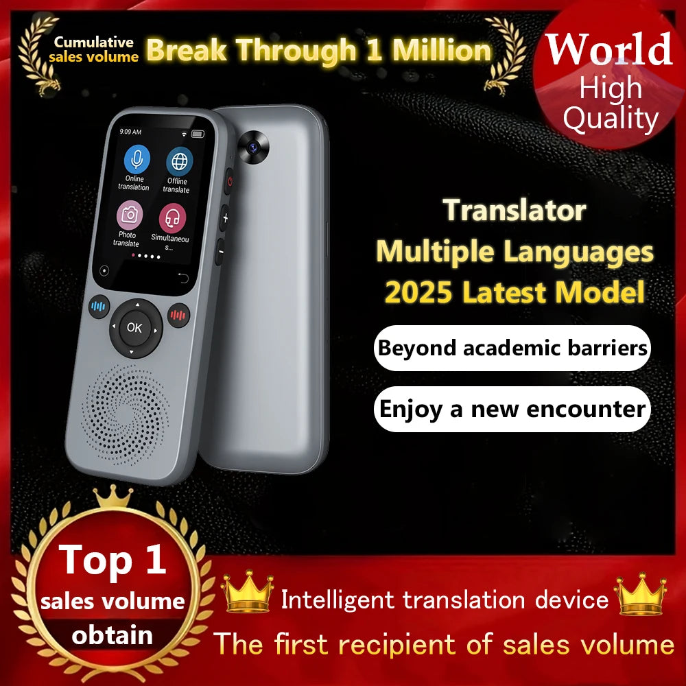 Gray language translator device from Corporación Turística, compatible with translation apps, designed for seamless language communication.
