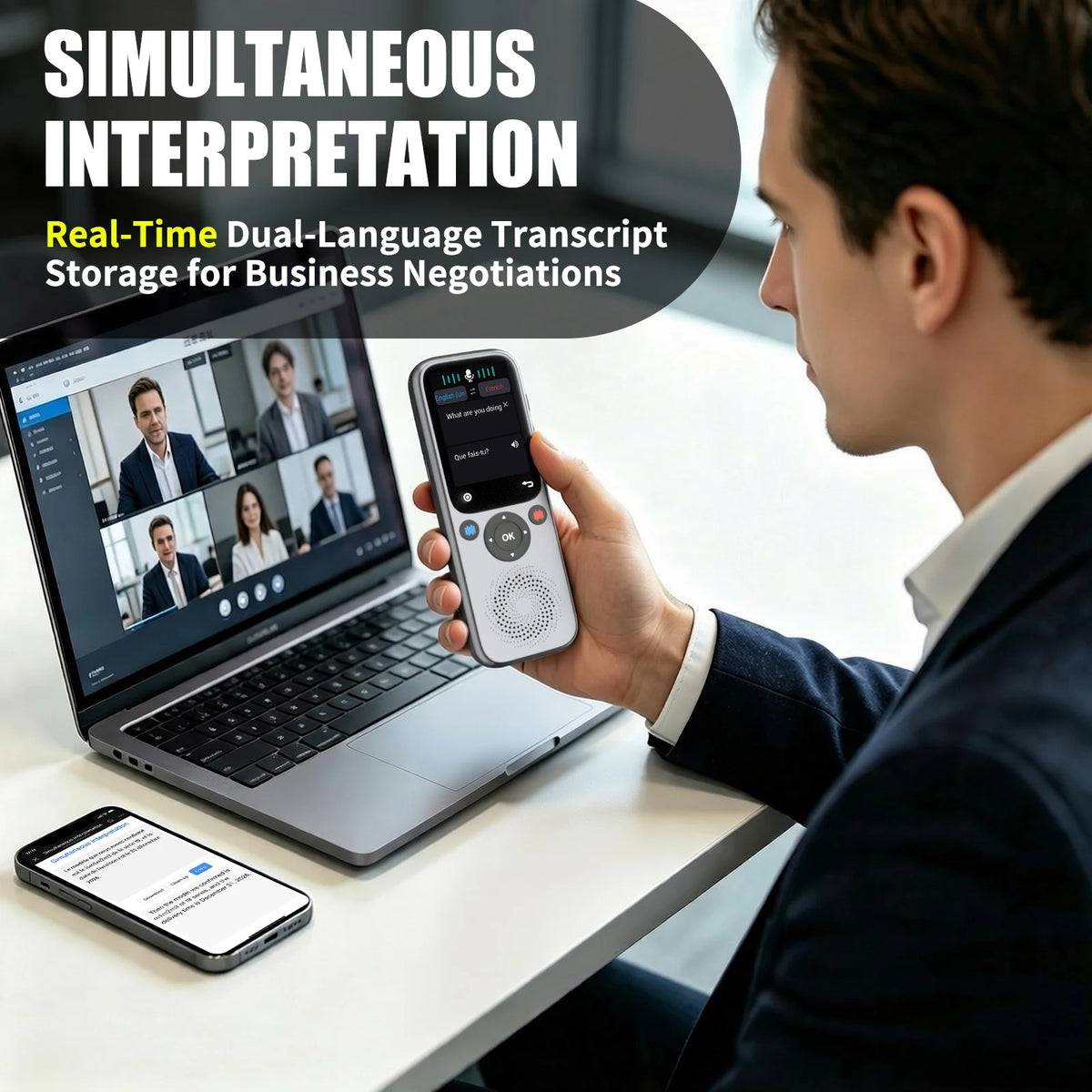 Gray language translation device by Corporación Turística, compatible with translation apps, for seamless multilingual communication.
