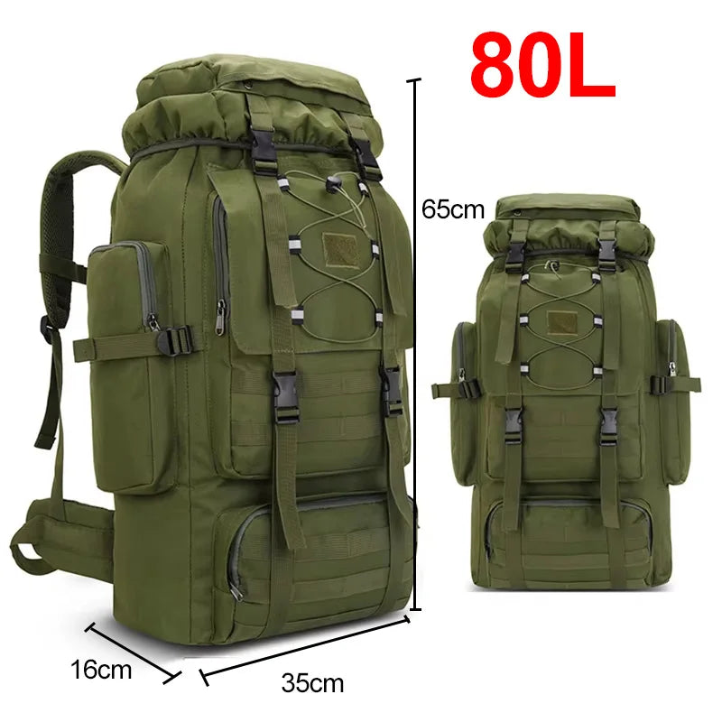Green Corporación Turística hiking and camping backpack with 80L and 130L capacity, adjustable straps and multiple compartments.