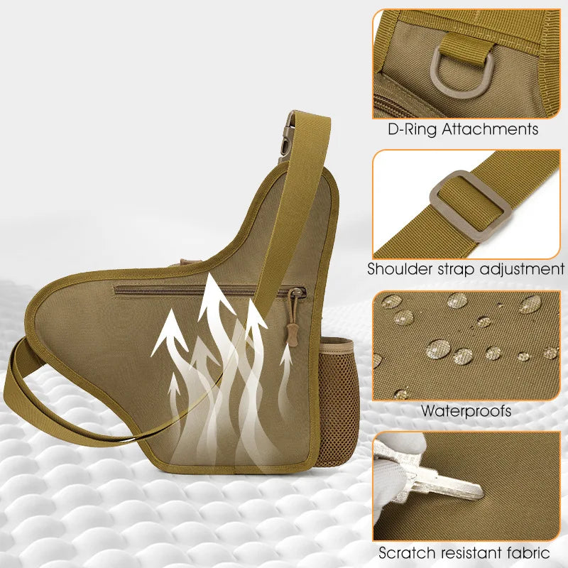 Green tactical chest bag for camping and fishing, featuring multiple compartments for gear and accessories.