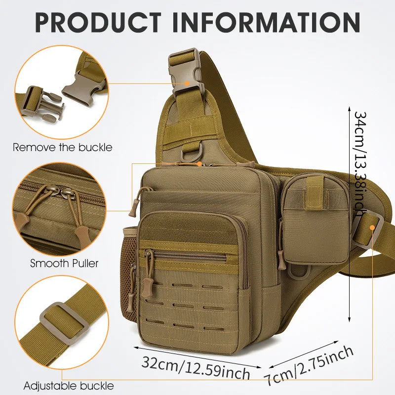 Green tactical chest bag for camping and fishing, with multiple compartments, from Corporación Turística.