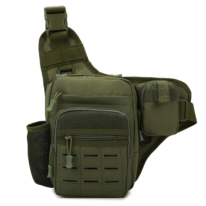 Green tactical chest bag for camping and fishing, featuring multiple compartments for gear and accessories.