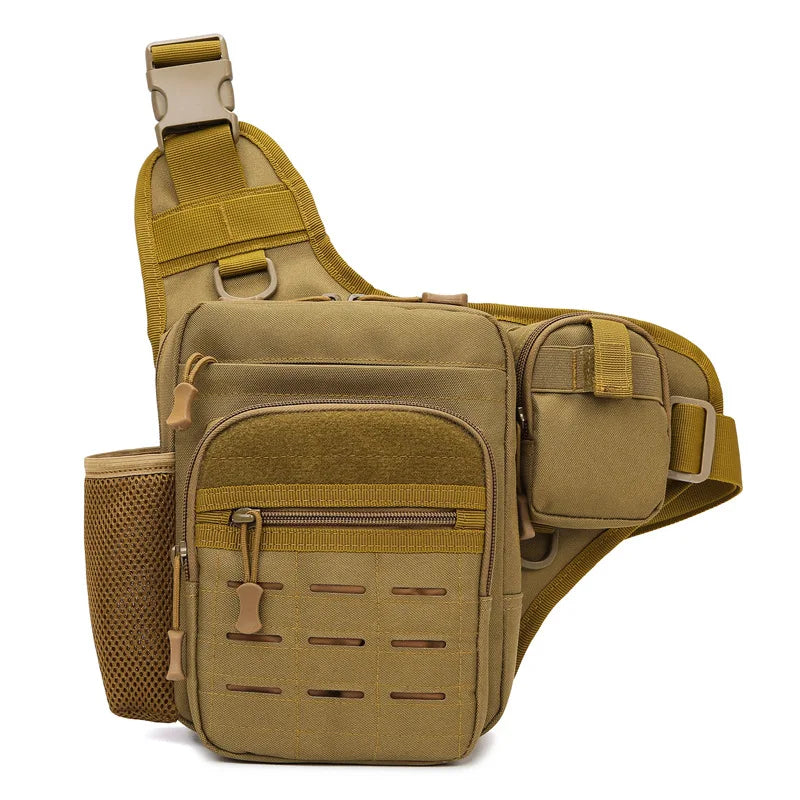 Green tactical chest bag for camping and fishing, with multiple compartments for gear and accessories.