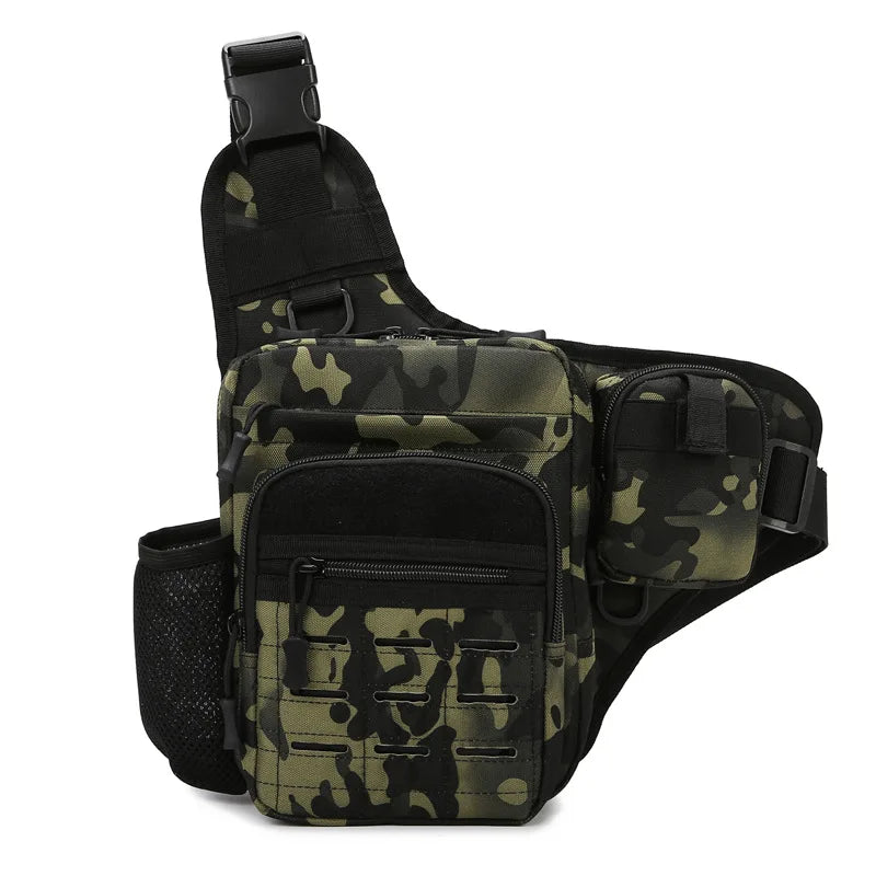 Green tactical chest bag for camping and fishing, featuring multiple compartments and adjustable straps, ideal for outdoor activities.