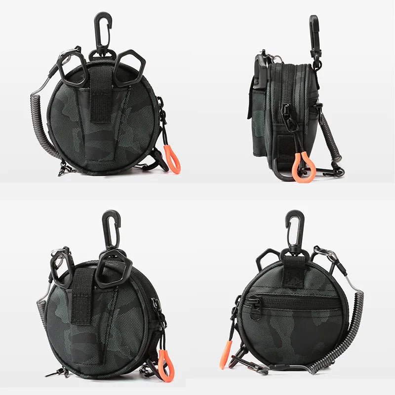 Green camouflage tactical MOLLE bag from Corporación Turística, hanging fishing line storage pouch with multiple compartments.