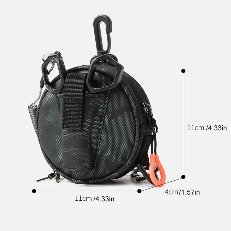 Green camouflage tactical Molle bag by Corporación Turística, hanging fishing gear storage with multiple compartments.
