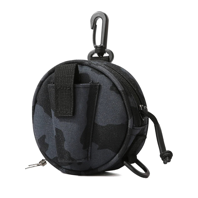 Green camouflage tactical Molle pouch for fishing gear, hanging design, durable fabric, ideal for outdoor fishing trips.