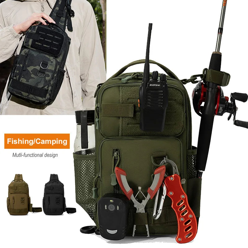 Green camouflage fishing tackle bag with backpack straps and support for fishing gear, tactical design by Corporación Turística.