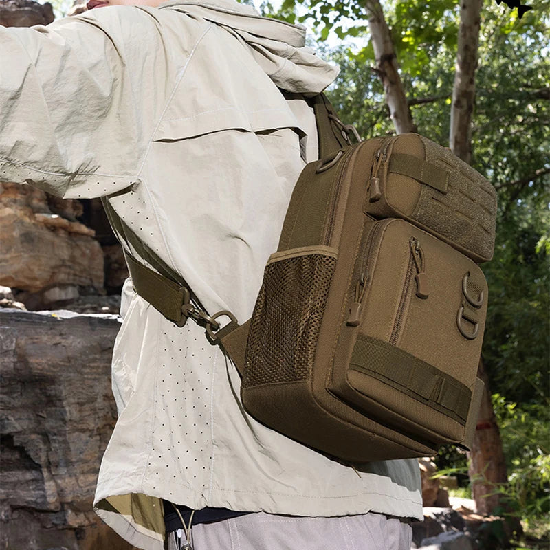Green camouflage fishing gear tactical bag from Corporación Turística with multiple compartments and a support strap for outdoor use.