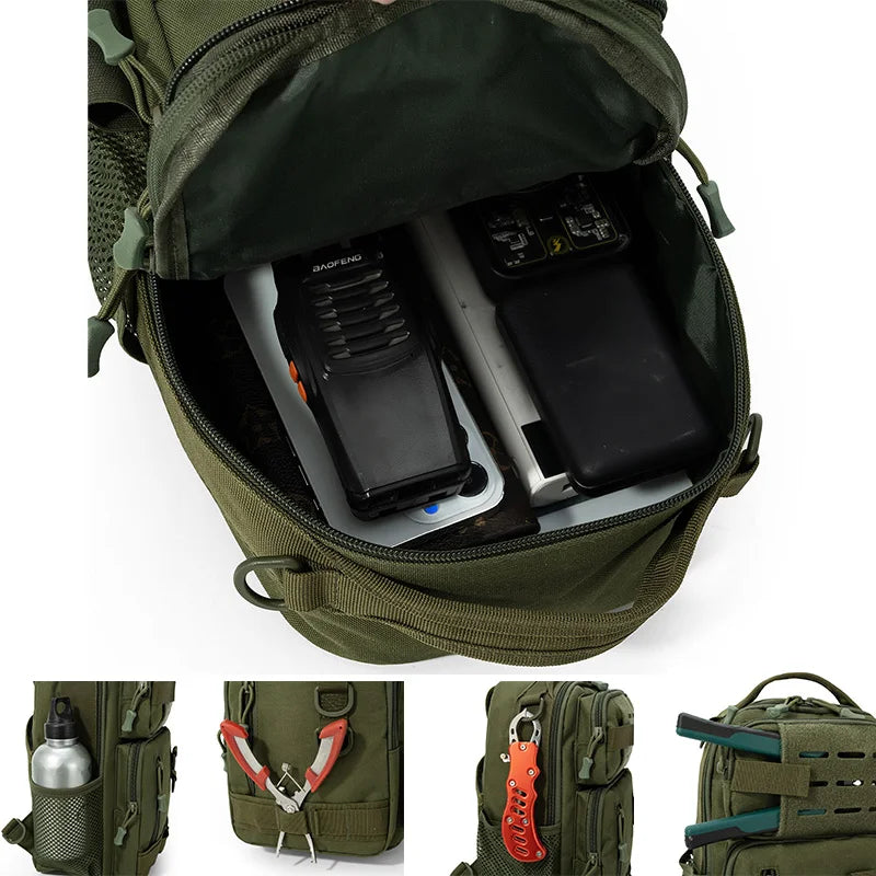 Green camo tactical fishing gear bag with backpack straps and fishing tackle storage from Corporación Turística.
