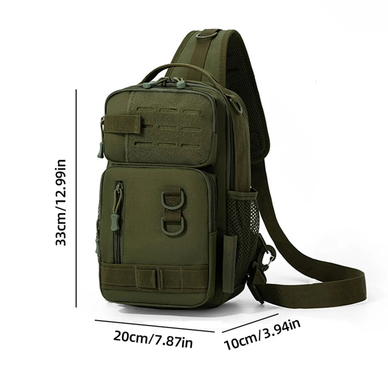 Green camouflage fishing tackle bag with backpack straps and support system, ideal for carrying fishing gear comfortably.