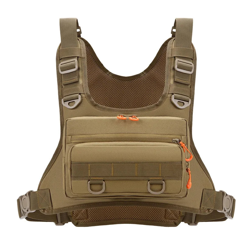 Green camo tactical vest for camping and outdoor sports by Corporación Turística, featuring multiple pockets and durable fabric.