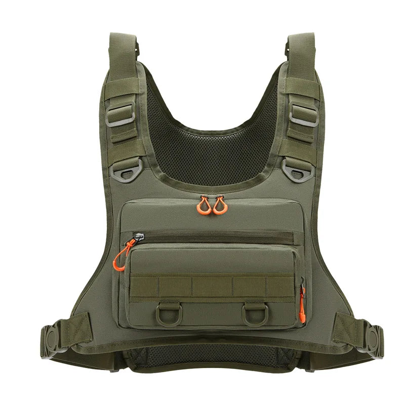Green camouflage tactical vest for camping and outdoor sports, featuring multiple pockets and adjustable straps.