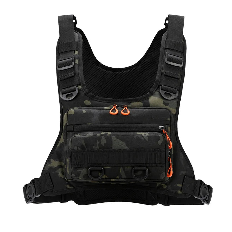 Green camouflage tactical vest by Corporación Turística, ideal for camping, outdoor sports, and outdoor activities.