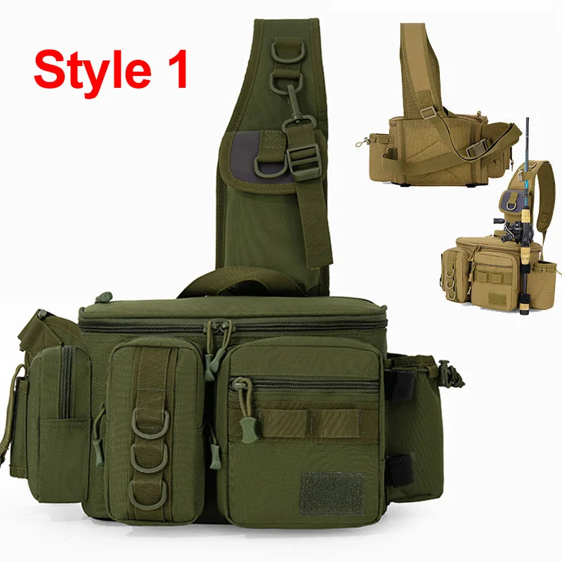 Green camo fishing tackle backpack for men by Corporación Turística, with multiple compartments and adjustable straps.