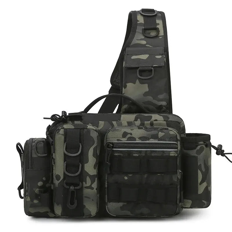 Green camouflage fishing tackle backpack for men, with multiple compartments and sturdy design by Corporación Turística.