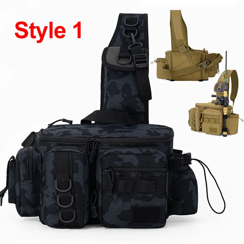 Green camouflage fishing tackle backpack for men by Corporación Turística, with multiple compartments for gear storage.