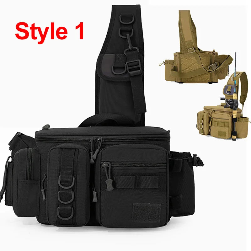 Green camouflage fishing tackle backpack for men by Corporación Turística, with multiple compartments and adjustable straps.