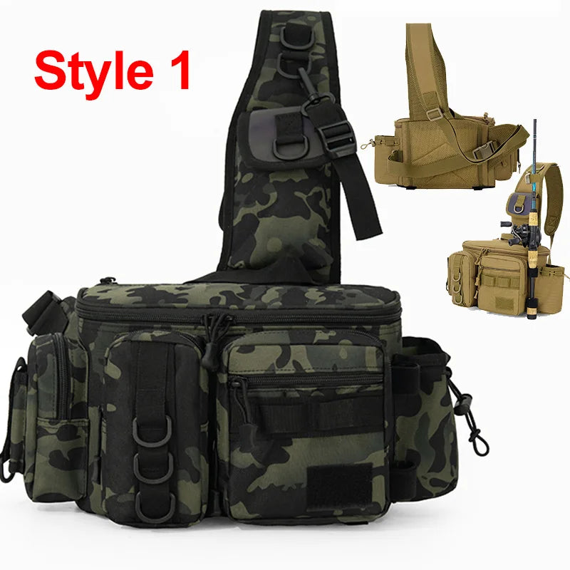 Green camouflage fishing tackle backpack for men, durable and spacious storage bag by Corporación Turística.