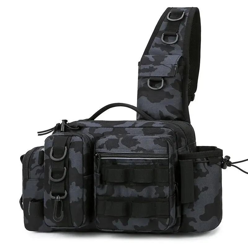 Green camouflage fishing tackle backpack for men by Corporación Turística, with multiple compartments and adjustable straps.