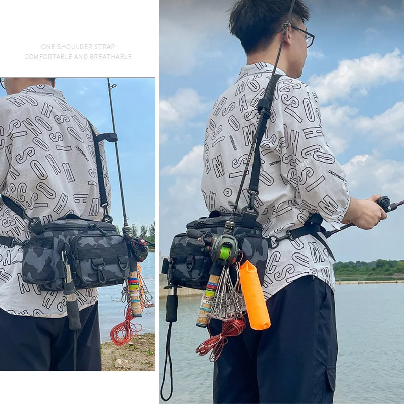 Green camouflage fishing backpack and waist bag by Corporación Turística, designed for storage and outdoor fishing activities.