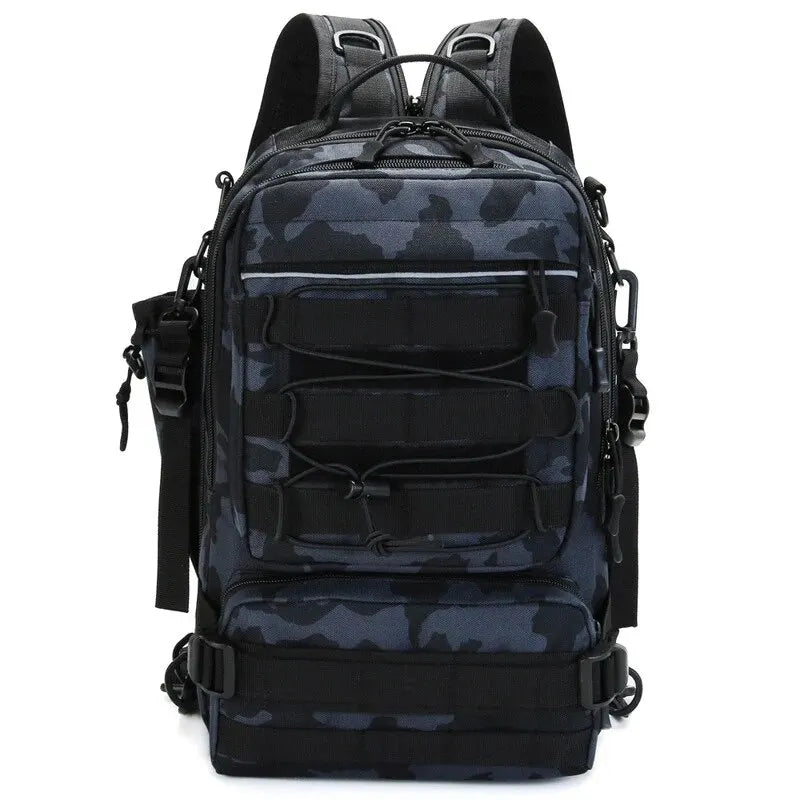 Green camo fishing backpack and waist bag by Corporación Turística, designed for outdoor storage and fishing trips.