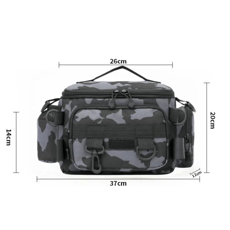 Green camouflage fishing backpack and waist bag by Corporación Turística, featuring multiple storage compartments.
