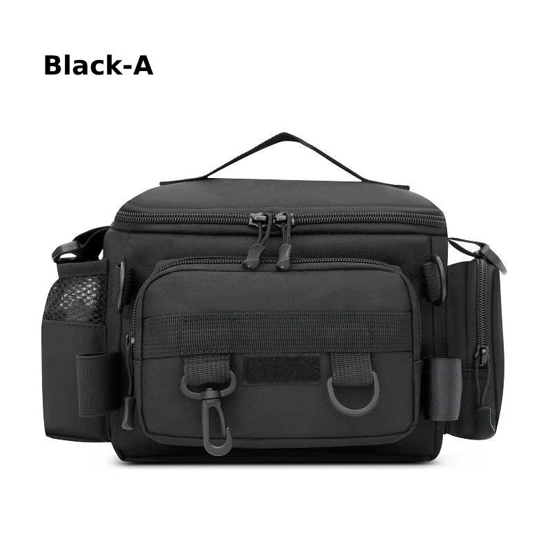 Green camouflage fishing backpack and waist pack from Corporación Turística, designed for storage and outdoor fishing trips.