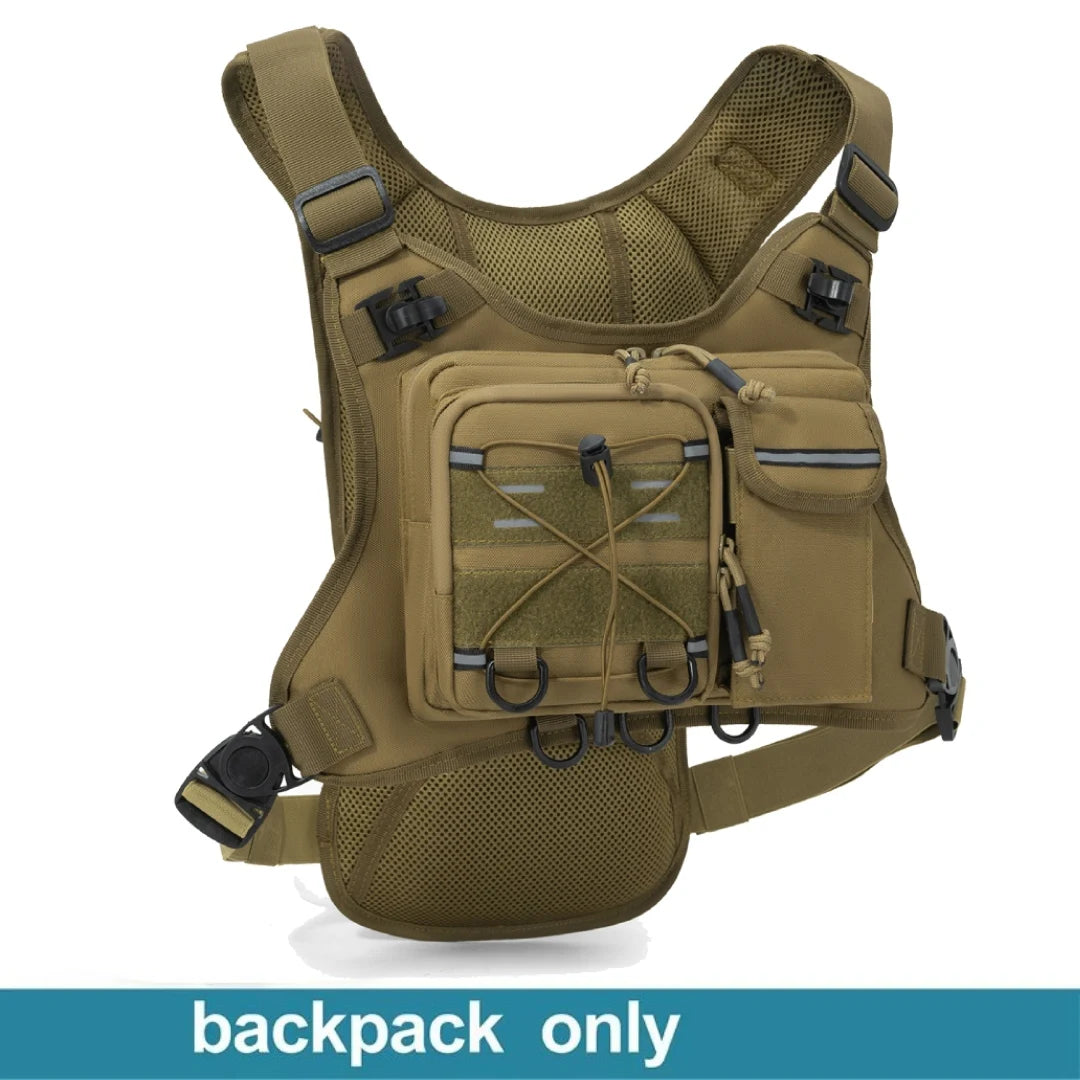 Green camouflage sports vest and hydration waist pack for men and women by Corporación Turística, designed for active outdoor use.