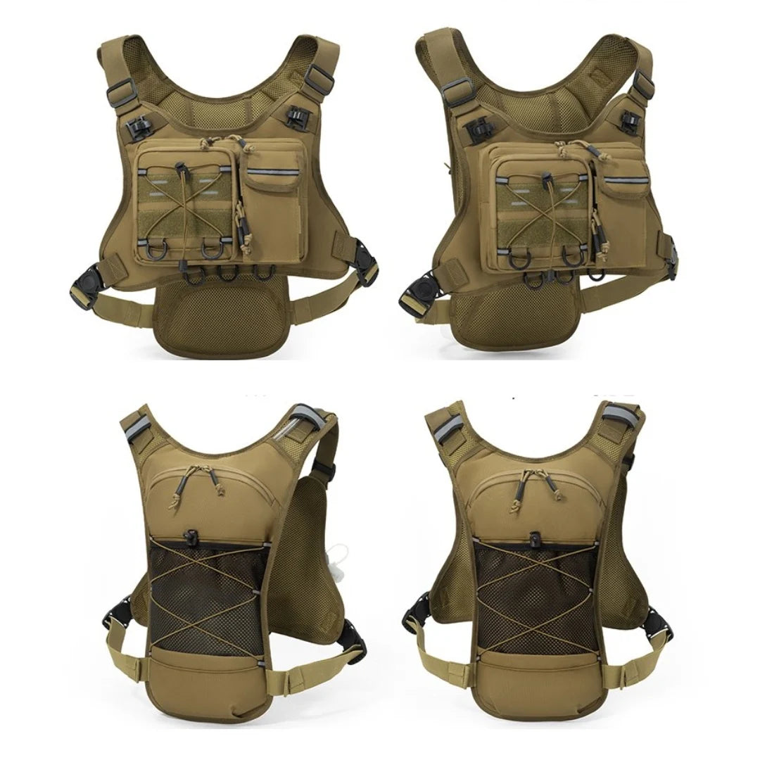 Green tactical sports vest with chest bag from Corporación Turística, designed for outdoor activities and tactical use.