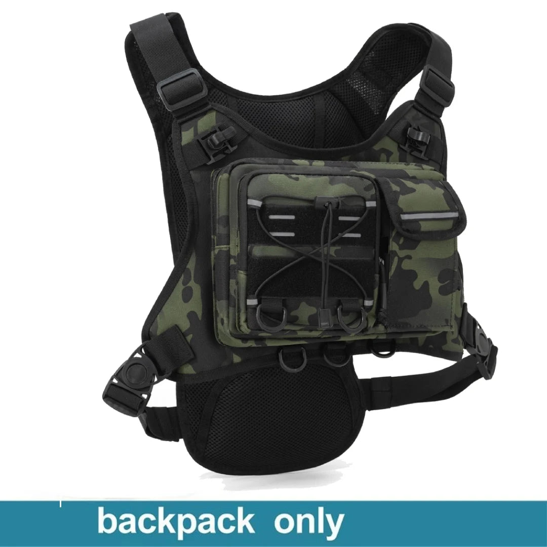 Green tactical sports vest with chest pocket from Corporación Turística, designed for outdoor activities and adventure use.