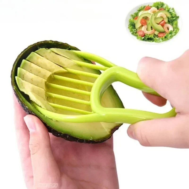 Green 3-in-1 avocado tool kit from Corporación Turística with slicer, pitter, and peeler for easy avocado preparation.