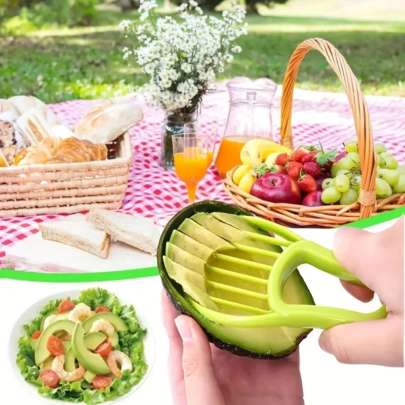 Green 3-in-1 avocado tool kit with slicer, pitter, and peeler from Corporación Turística, showing all tools in the set.