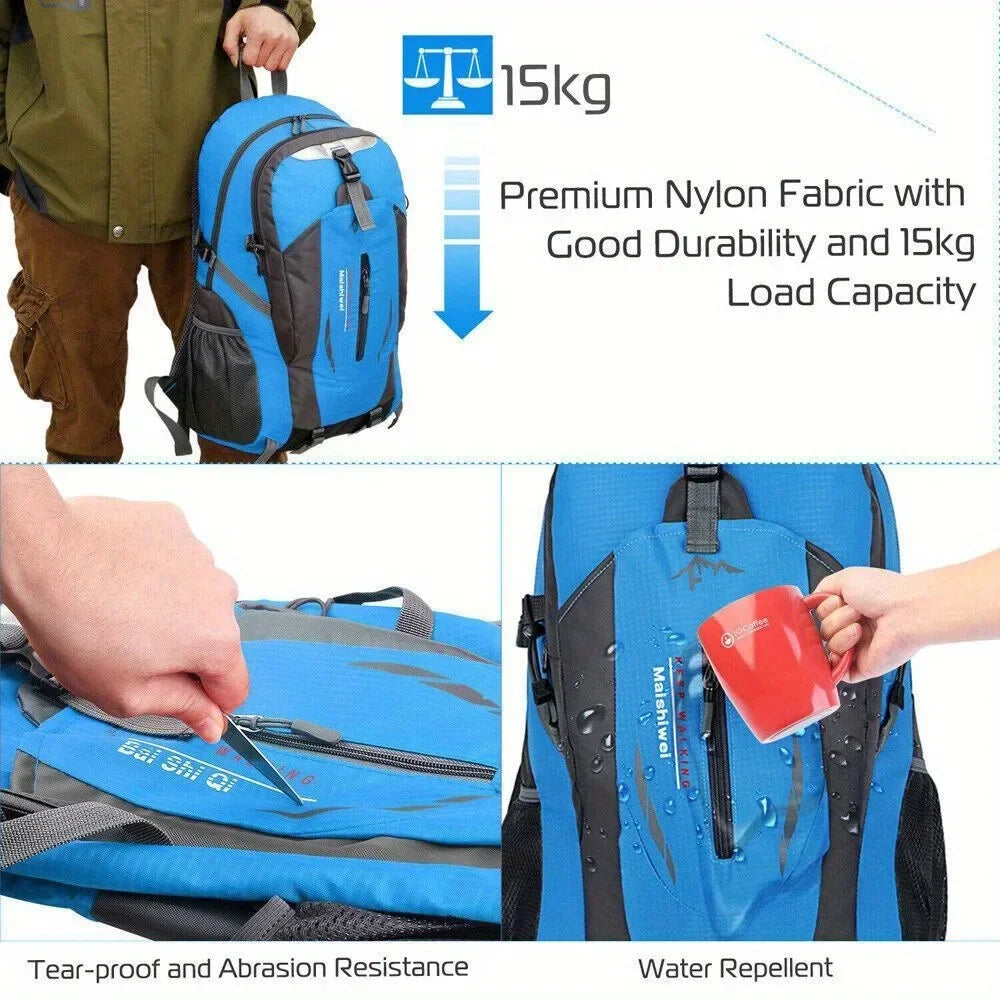 Green outdoor travel backpack by Corporación Turística, large capacity hiking and adventure backpack for outdoor trips.