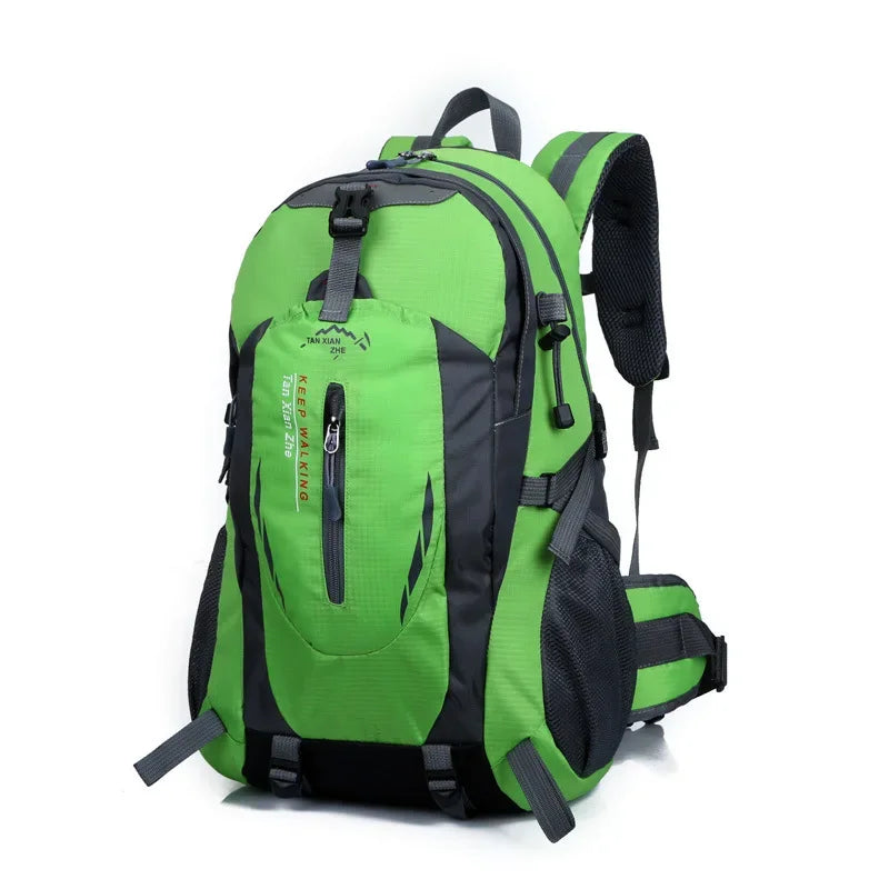 Green outdoor travel backpack by Corporación Turística, large hiking backpack with multiple compartments and adjustable straps.