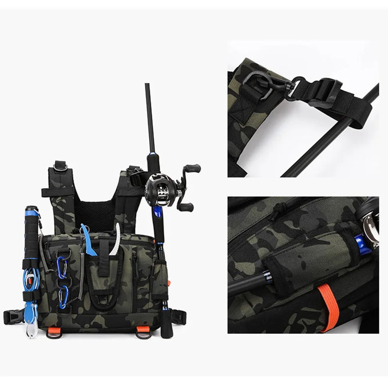 Green tactical camping chest backpack with front chest strap, designed for outdoor adventures and hiking.