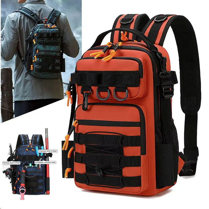 Green tactical fishing and camping backpack by Corporación Turística, with multiple compartments and durable outdoor design.
