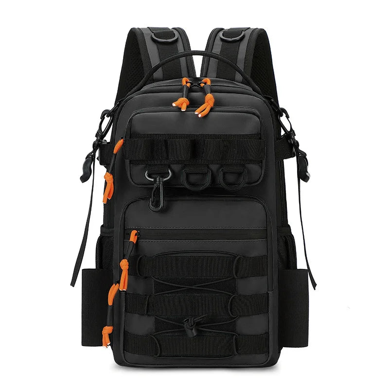 Green tactical fishing and camping backpack by Corporación Turística, featuring multiple compartments and durable outdoor design.