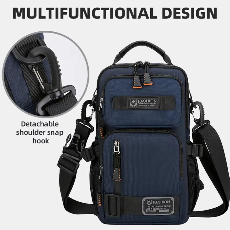 Green camping lumbar bag for men, chest pack from Corporación Turística, with multiple compartments and adjustable strap.