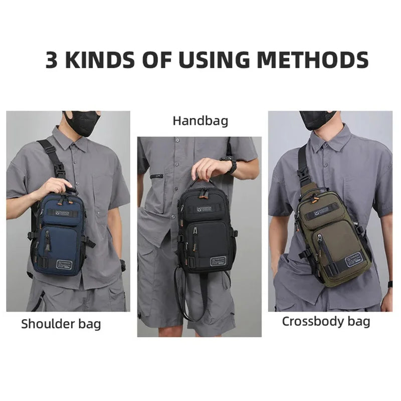 Green camping waist bag for men with chest pocket, from Corporación Turística, designed for outdoor adventure and travel.