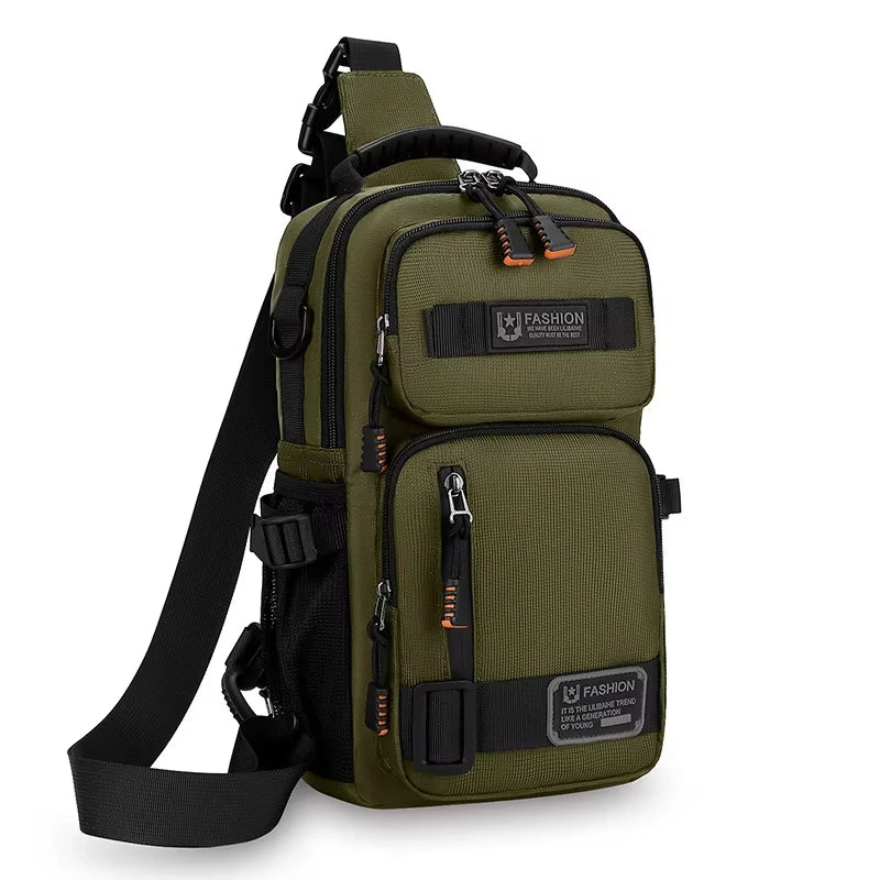 Green camping waist bag for men, chest pack from Corporación Turística, compact outdoor travel bag with multiple compartments.