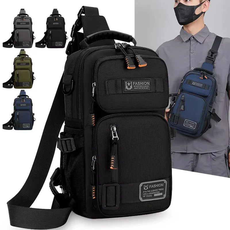Green camping waist bag for men, chest bag from Corporación Turística, designed for outdoor adventures and travel.