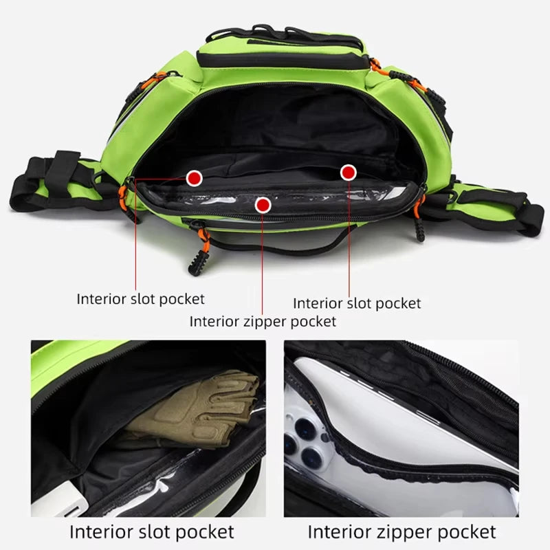Green tactical Molle fanny pack for men, Corporación Turística travel bag with multiple compartments and adjustable strap.