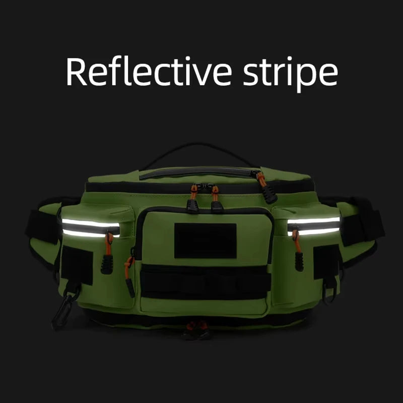 Green tactical Molle waist bag for men, Corporación Turística, versatile travel and outdoor utility pouch with multiple compartments.